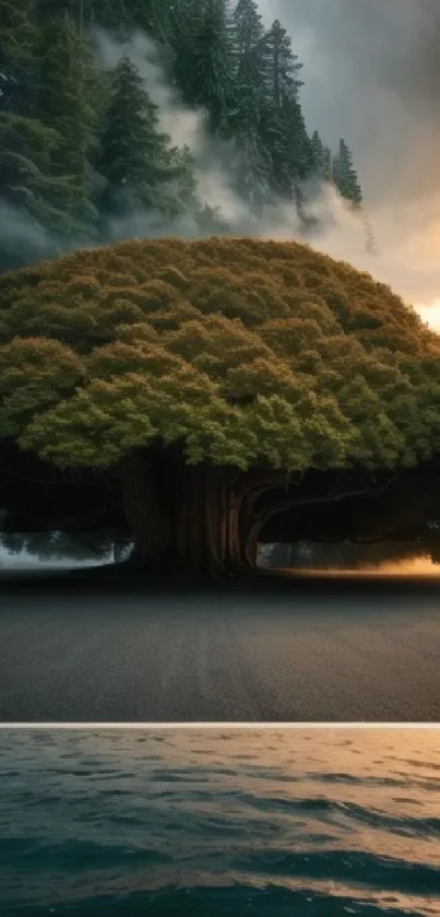 Majestic tree in misty forest reflected in tranquil waters.