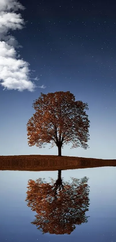 Serene night scene with a tree and reflection on calm water.