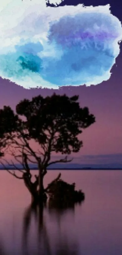 Silhouette of a tree reflected in a serene lake at sunset with vibrant clouds above.