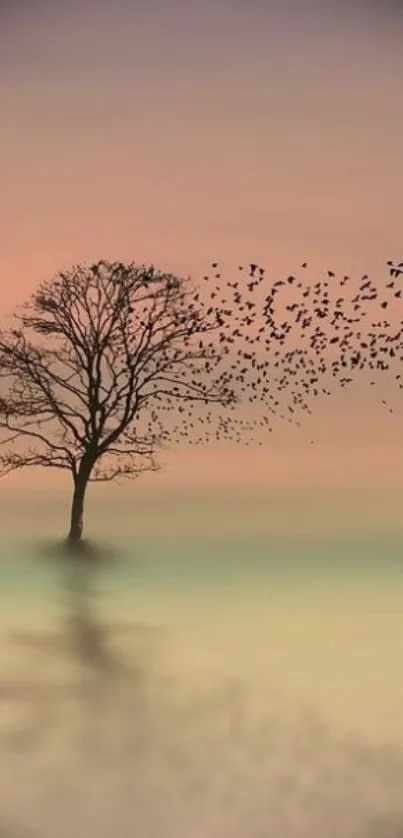 Serene landscape with a tree and birds at sunset in soft pastel colors.