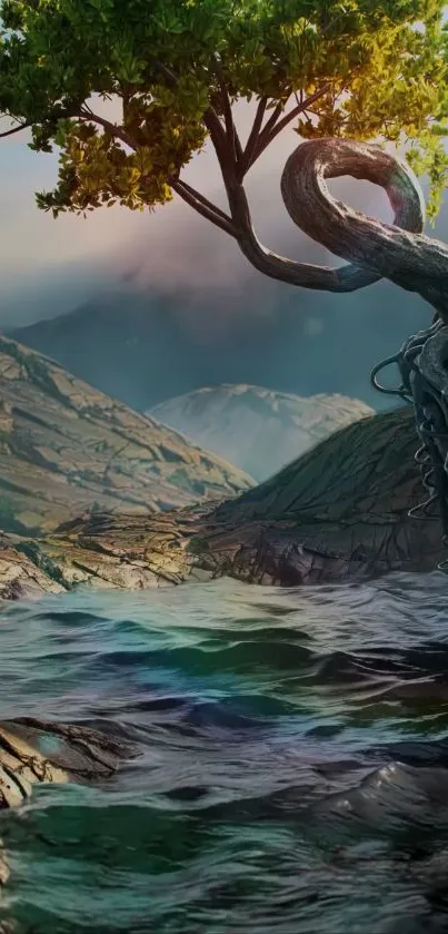 Scenic view of a tree beside a flowing river under a clear sky.