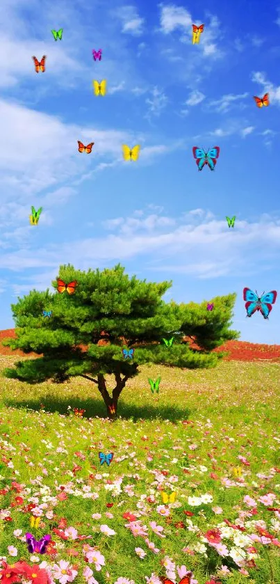 Solitary tree in a colorful field under a vibrant blue sky.