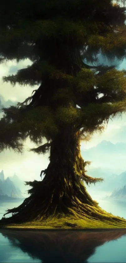 Majestic tree reflected in mountain lake at dusk.