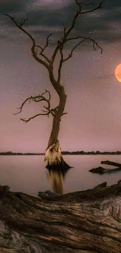 Serene nightscape with lone tree and orange moon over a calm lake.