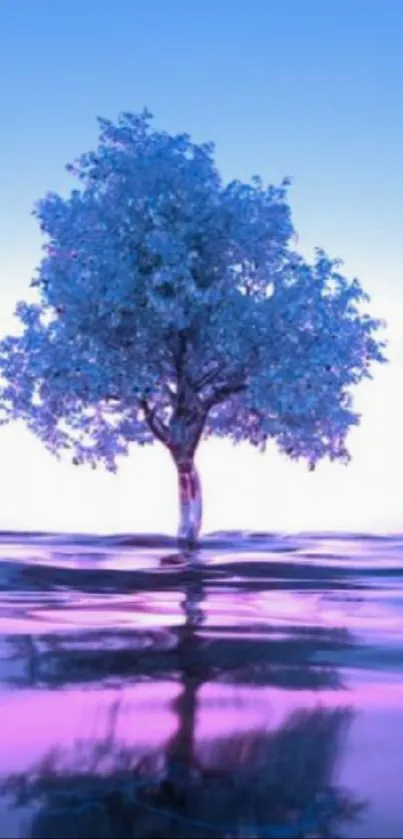 Serene tree standing in reflective water with blue and lavender hues.