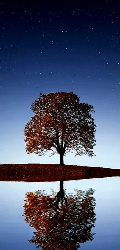 Lone tree reflecting in calm water under a starlit night sky.