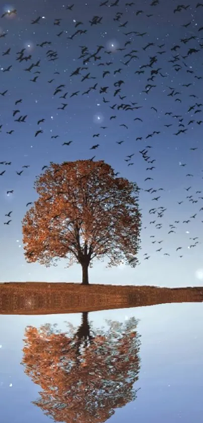 Reflection of a lone tree under a starry sky with birds.