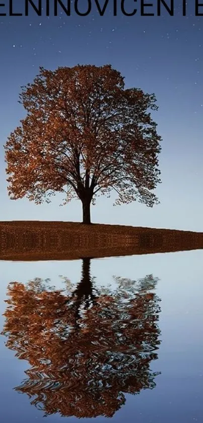 Serene landscape with tree reflected on water under a starlit sky.