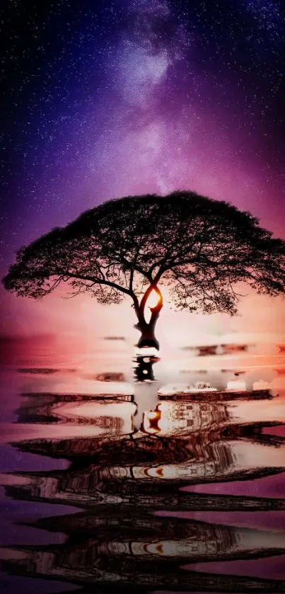 A solitary tree reflecting in water under a galaxy sky with purple hues.