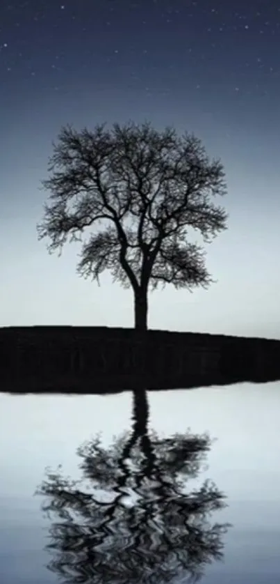 Serene reflection of a tree on a lake under the night sky.