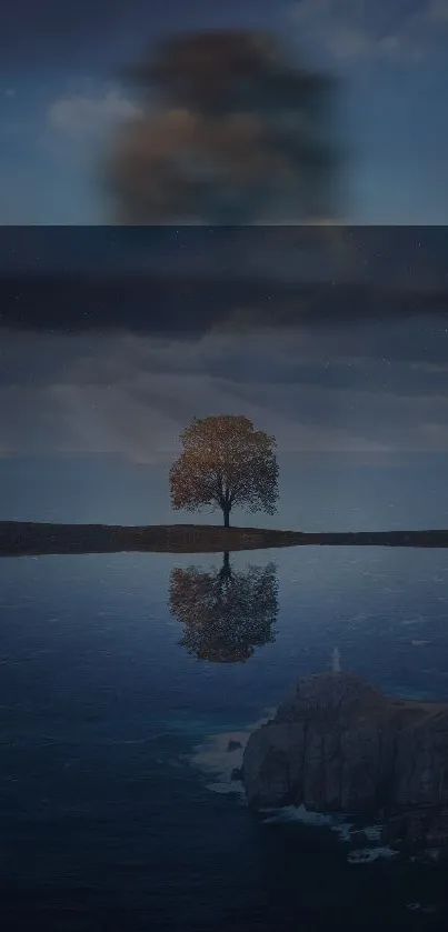 Serene tree reflecting on calm water under a peaceful navy blue sky.