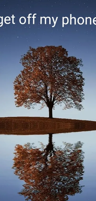 Serene mobile wallpaper of a lone tree reflecting on calm water at dusk.