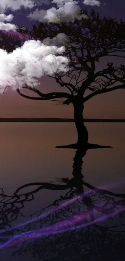 Tree reflection on water at dusk with a purple sky background.