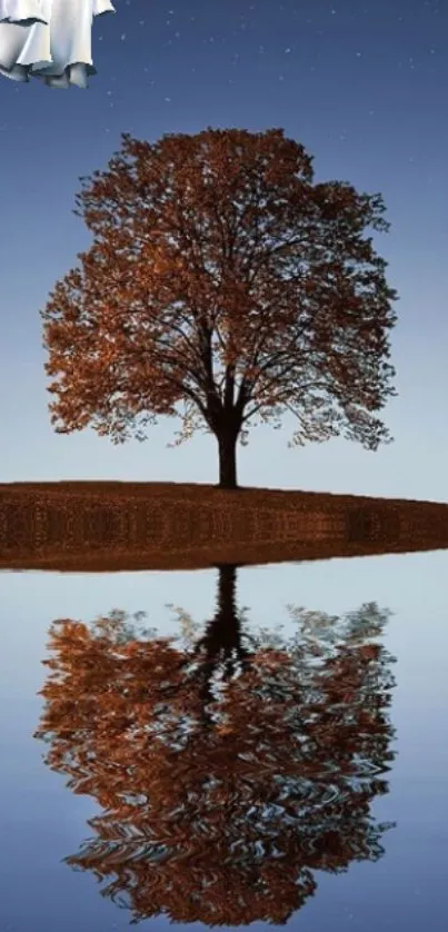 Reflective tree on tranquil lake under a starry sky.