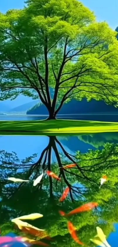 Lush green tree reflecting in a serene lake with colorful fish below.