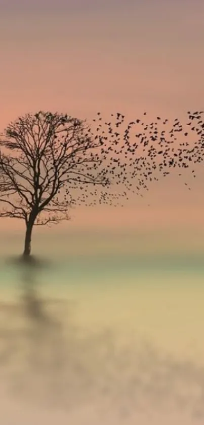 Silhouette of a tree with birds against a peach gradient sky.