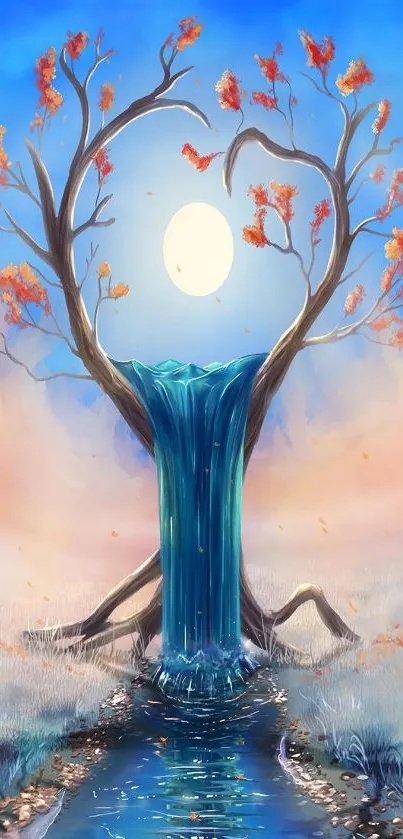 Serene tree waterfall art with autumn leaves and a glowing moon.