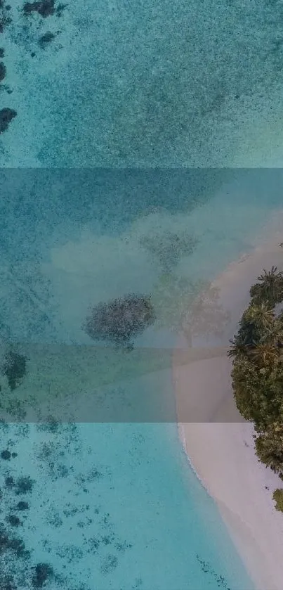 Aerial view of a serene tropical beach with turquoise waters and lush greenery.