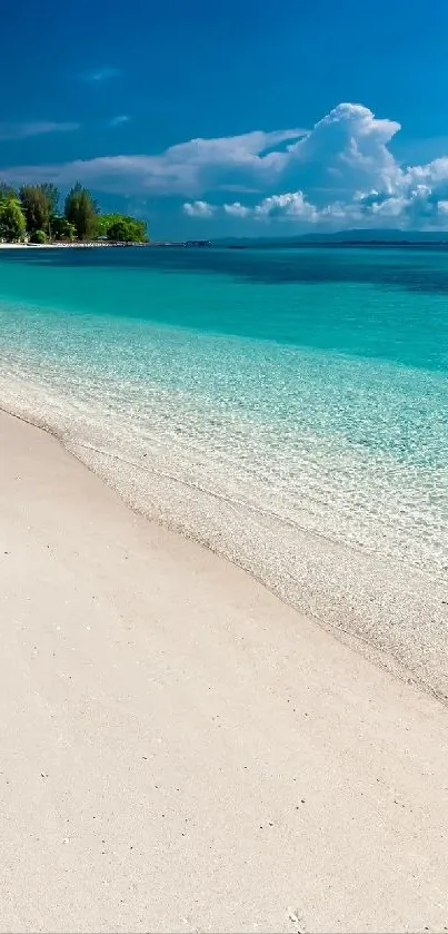 Serene beach with blue water, sand, and sky.