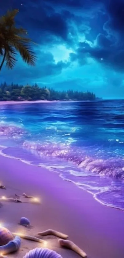 Tranquil tropical beach at night with purple sand and ocean waves under a starry sky.