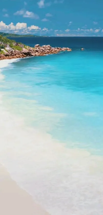 Tropical beach with crystal waters and sandy shores, ideal for a serene phone wallpaper.