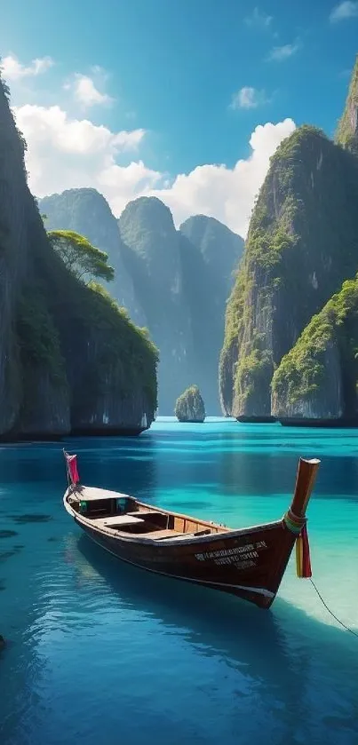A scenic island with clear blue waters and a wooden boat under sunny skies.