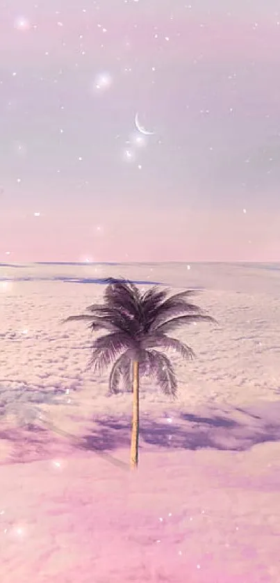 Palm tree under crescent moon in pastel pink sky wallpaper.