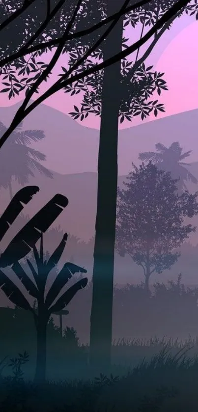 Tropical forest silhouette with pink sky.