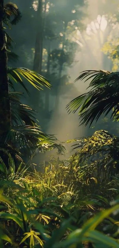 A tranquil tropical forest scene with sunlight filtering through lush green foliage.