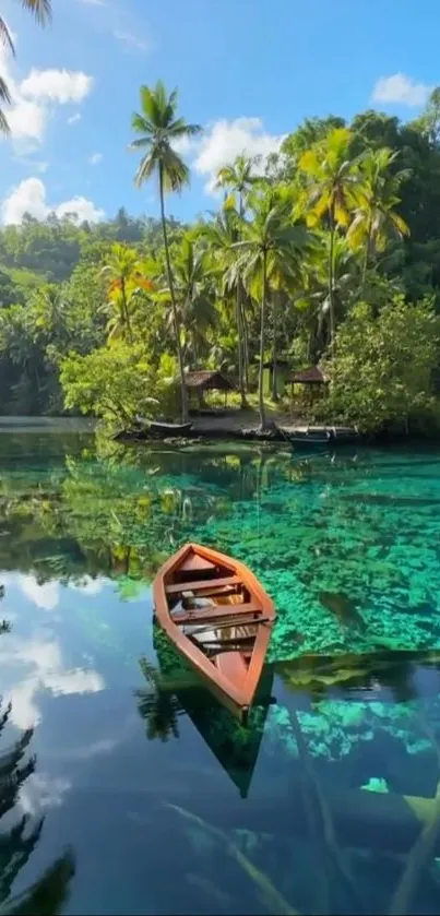 A serene lagoon with lush green trees and a calm blue water reflection.