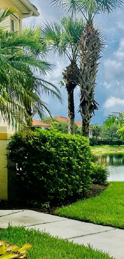 Tropical landscape with palm trees and green lawn under a bright blue sky.