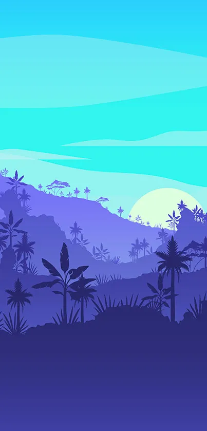 Tropical landscape wallpaper with sunrise and silhouettes of nature.