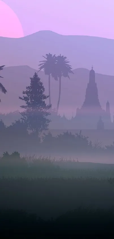 Misty tropical landscape with purple hues.