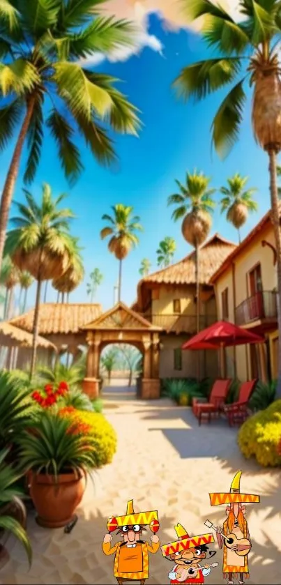 Tropical villa with palm trees in a sunny paradise setting.