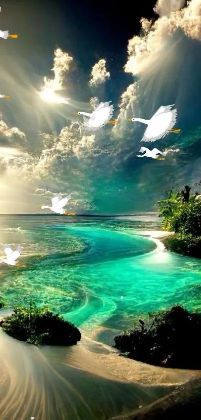 A tranquil tropical paradise with turquoise waters and sunlit skies.