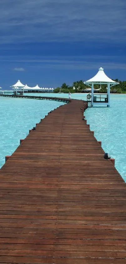 Wooden pier extending into turquoise tropical waters under a blue sky.