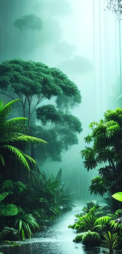 Serene tropical rainforest with lush greenery and a gentle stream.