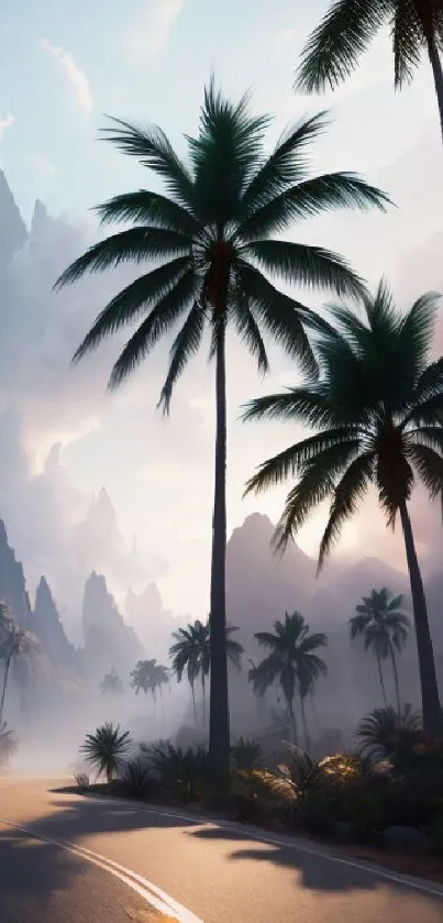 Scenic tropical road with palm trees and mountains in evening light.