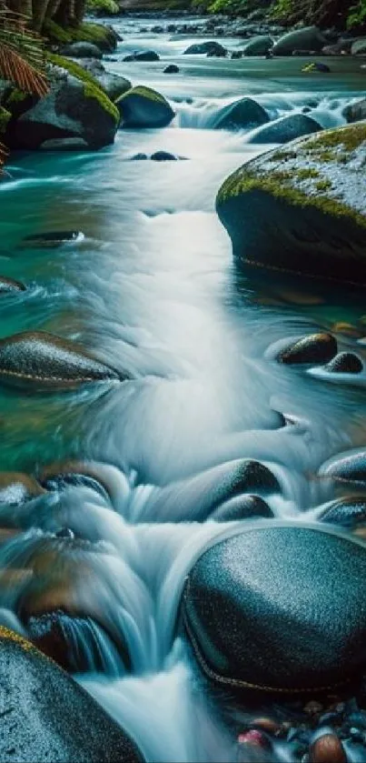 Serene stream flowing over rocks surrounded by lush greenery.