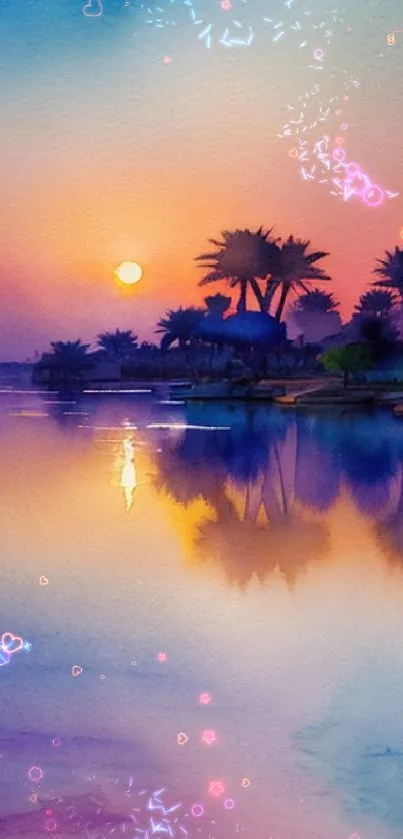 Watercolor sunset with palm silhouettes on a tranquil lake.