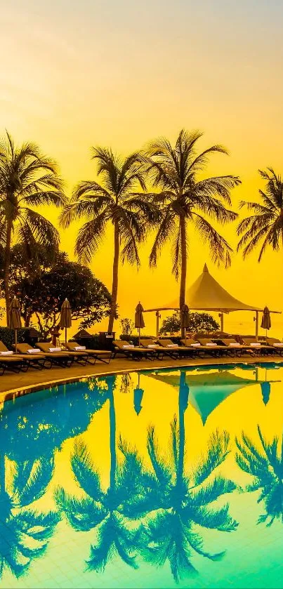 Tropical sunset with palm trees reflected in a serene pool.