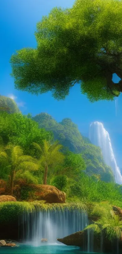 Tranquil tropical waterfall with lush greenery and blue sky.