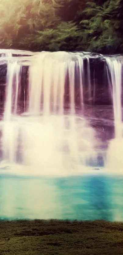 Serene tropical waterfall with lush greenery.