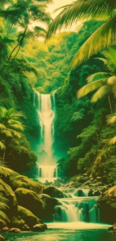 Wallpaper of a serene tropical waterfall amid lush greenery.