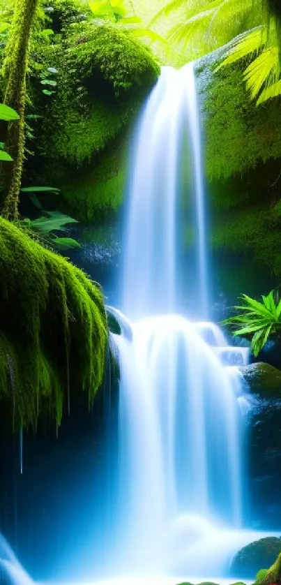 Serene tropical waterfall amidst lush greenery, perfect for phone wallpaper.