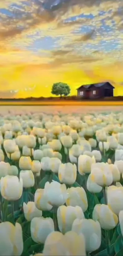 Serene tulip field with cottage and sunset backdrop.