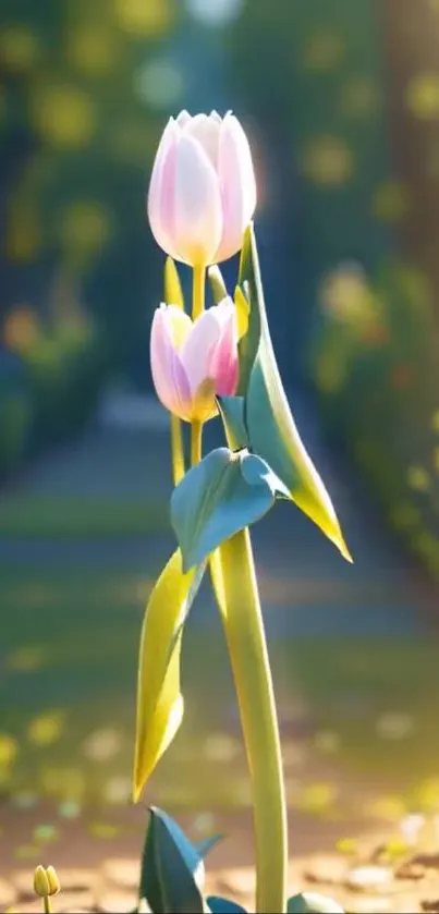 Sunlit tulip garden with two blooming flowers.