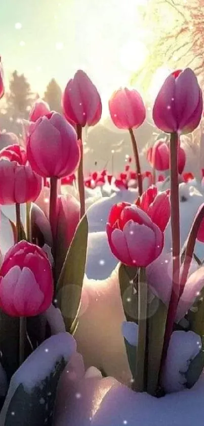 Pink tulips bloom through snow at sunrise.