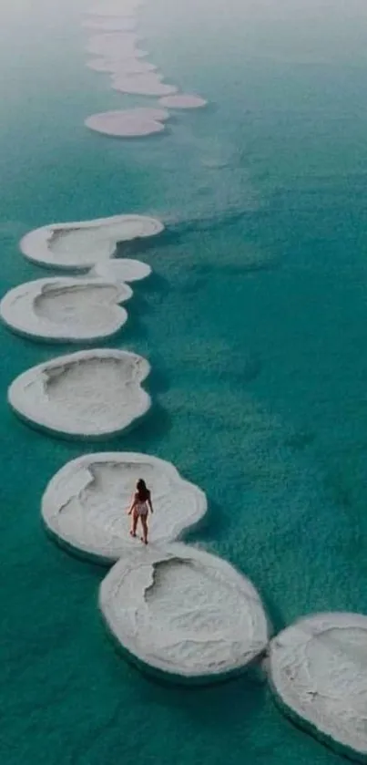 Person standing on a circular path over teal ocean waters.