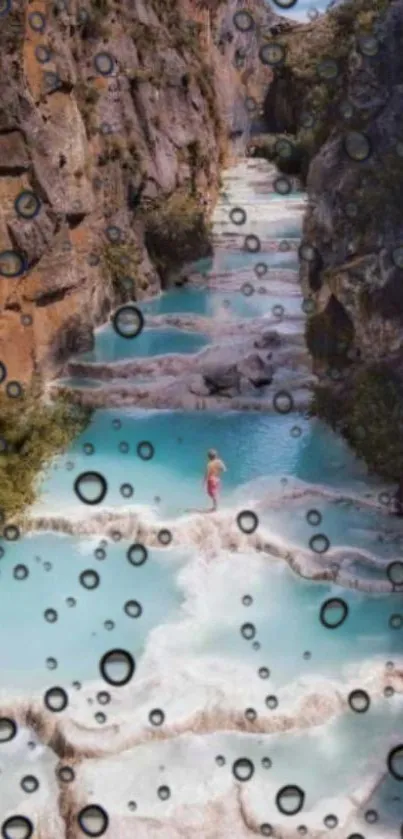 Turquoise waterfall scene with rocky cliffs.